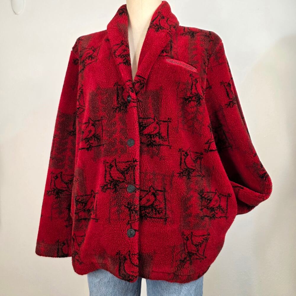 Vintage Minnesota Sherpa Fleece Jacket Red Bird Print USA Made Cozy Cabin Medium